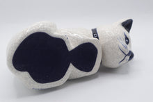 Load image into Gallery viewer, Signed Ceramic Shelf Sitter Cat Edge Figurine Blue White Crackle Glaze 9 Inch
