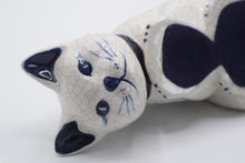Load image into Gallery viewer, Signed Ceramic Shelf Sitter Cat Edge Figurine Blue White Crackle Glaze 9 Inch
