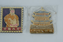Load image into Gallery viewer, Lot of 4 Vintage China Souvenir Enamel Refrigerator Magnets – Great Wall, Xi’an Terracotta Warrior, Bell Tower &amp; Pagoda
