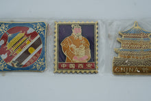 Load image into Gallery viewer, Lot of 4 Vintage China Souvenir Enamel Refrigerator Magnets – Great Wall, Xi’an Terracotta Warrior, Bell Tower &amp; Pagoda
