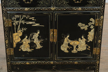 Load image into Gallery viewer, Vintage Chinese Jinlong Black Lacquer Chinoiserie Display Cabinet with Gilt Figures
