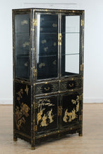 Load image into Gallery viewer, Vintage Chinese Jinlong Black Lacquer Chinoiserie Display Cabinet with Gilt Figures
