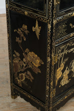 Load image into Gallery viewer, Vintage Chinese Jinlong Black Lacquer Chinoiserie Display Cabinet with Gilt Figures
