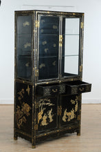 Load image into Gallery viewer, Vintage Chinese Jinlong Black Lacquer Chinoiserie Display Cabinet with Gilt Figures
