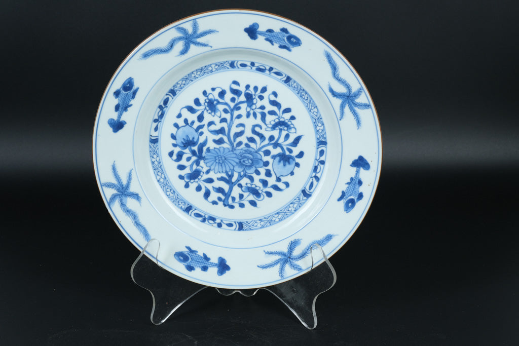 Blue & White Porcelain Plate with Fish and Floral Motif – Believed to Be Antique Chinese Export