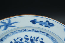 Load image into Gallery viewer, Blue &amp; White Porcelain Plate with Fish and Floral Motif – Believed to Be Antique Chinese Export

