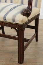 Load image into Gallery viewer, Chippendale Style Mahogany Open Arm Accent Chair with Upholstered Damask Stripe Fabric
