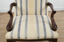 Load image into Gallery viewer, Chippendale Style Mahogany Open Arm Accent Chair with Upholstered Damask Stripe Fabric
