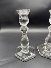 Load image into Gallery viewer, Vintage Clear Glass Candlestick Holders Pair Twisted Stem Hexagon Base 4 Inch
