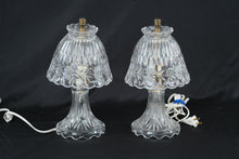 Load image into Gallery viewer, Vintage Cut Glass Table Lamps Pair Clear Floral Etched Shades 12 Inch Tall
