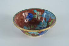 Load image into Gallery viewer, Cloisonné Bowl with Blue Lotus Flowers &amp; Golden Bird – Hand-Enameled Floral Art on Red Ground

