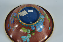 Load image into Gallery viewer, Cloisonné Bowl with Blue Lotus Flowers &amp; Golden Bird – Hand-Enameled Floral Art on Red Ground
