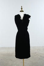 Load image into Gallery viewer, Vintage 1940s Black Velvet Draped Cocktail Dress Film Noir Evening Gown
