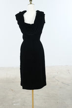Load image into Gallery viewer, Vintage 1940s Black Velvet Draped Cocktail Dress Film Noir Evening Gown

