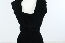 Load image into Gallery viewer, Vintage 1940s Black Velvet Draped Cocktail Dress Film Noir Evening Gown
