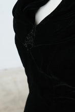 Load image into Gallery viewer, Vintage 1940s Black Velvet Draped Cocktail Dress Film Noir Evening Gown
