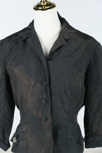 Load image into Gallery viewer, Vintage 1950s Black Sheer Organza Fitted Jacket Rhinestone Pocket Detail
