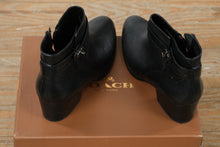 Load image into Gallery viewer, Coach Patricia Leather Ankle Boots – Black/Black – Size 10M – Snakeskin Embossed Strap
