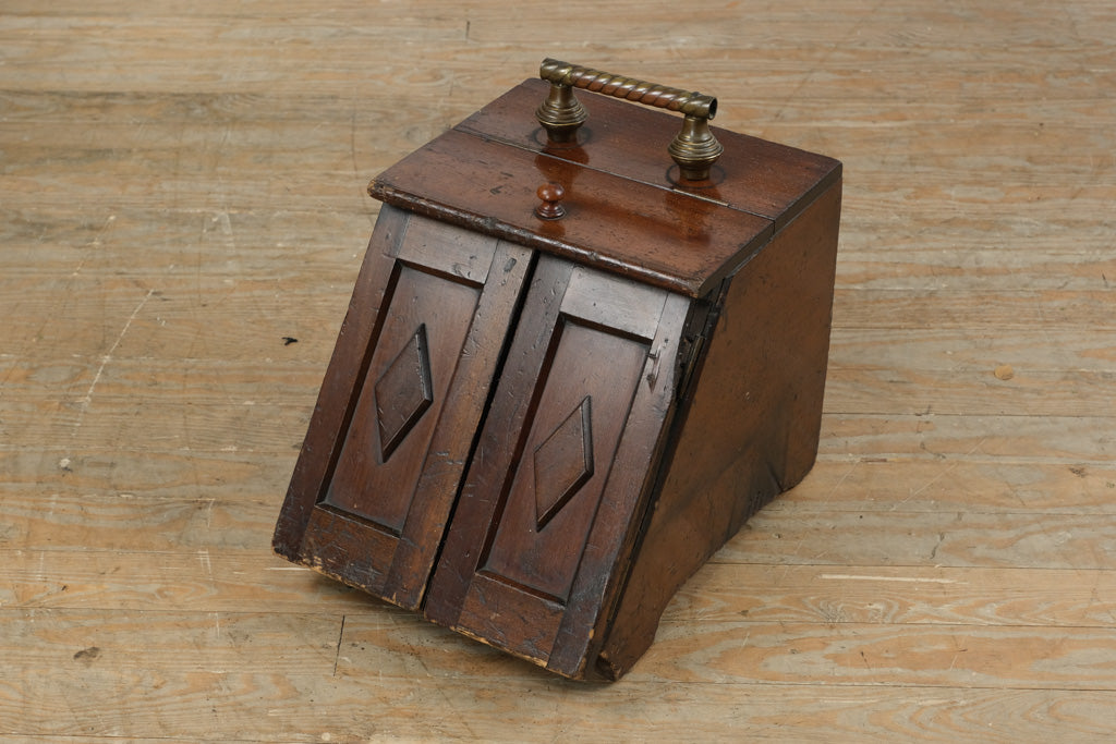 Antique Wooden Coal Scuttle / Bed Warmer Box – Tin-Lined, Brass Handle – European Style