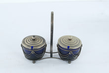 Load image into Gallery viewer, Vintage Cobalt Blue Glass Double Condiment Set Metal Caddy Lidded Jars
