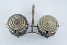 Load image into Gallery viewer, Vintage Cobalt Blue Glass Double Condiment Set Metal Caddy Lidded Jars
