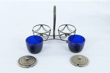 Load image into Gallery viewer, Vintage Cobalt Blue Glass Double Condiment Set Metal Caddy Lidded Jars
