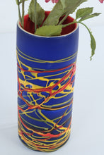 Load image into Gallery viewer, Art Glass Cylinder Vase Cobalt Blue Red Yellow Abstract 10 Inch
