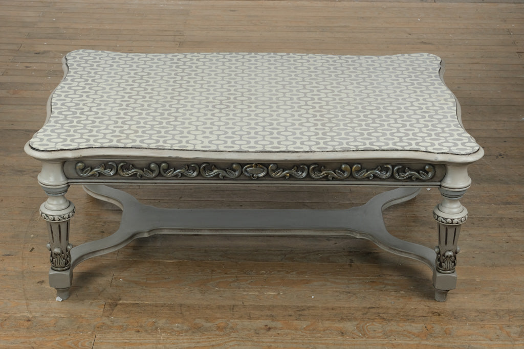 Vintage French-Style Painted Coffee Table – Ornate Carved Base & Patterned Top