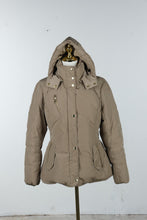 Load image into Gallery viewer, Cole Haan Womens Large Down Puffer Jacket Hooded Beige Gold Hardware
