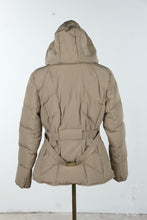 Load image into Gallery viewer, Cole Haan Womens Large Down Puffer Jacket Hooded Beige Gold Hardware
