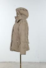 Load image into Gallery viewer, Cole Haan Womens Large Down Puffer Jacket Hooded Beige Gold Hardware
