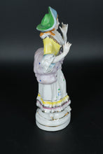 Load image into Gallery viewer, Vintage Colonial Lady Porcelain Figurine – 8.25” Hand-Painted Figurine with Bonnet and Ruffled Gown
