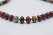Load image into Gallery viewer, Art Glass Beaded Necklace Multicolor Red Blue Black Gold Swirl Beads
