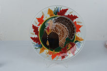 Load image into Gallery viewer, Peggy Karr Turkey on Green Fused Glass Thanksgiving Platter 13 75 Inch Vintage
