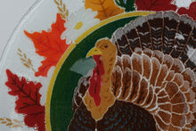 Load image into Gallery viewer, Peggy Karr Turkey on Green Fused Glass Thanksgiving Platter 13 75 Inch Vintage
