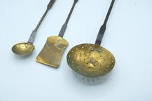 Load image into Gallery viewer, Antique Hand Forged Iron Brass Hearth Cooking Utensils Ladle Skimmer Spatula Set
