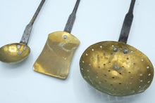 Load image into Gallery viewer, Antique Hand Forged Iron Brass Hearth Cooking Utensils Ladle Skimmer Spatula Set
