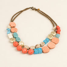 Load image into Gallery viewer, Double Strand Coral Turquoise Blue Beaded Statement Necklace Boho Jewelry
