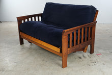 Load image into Gallery viewer, Wood Futon Sofa Bed with Navy Upholstery
