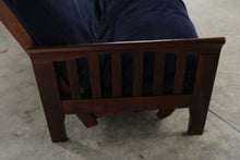 Load image into Gallery viewer, Wood Futon Sofa Bed with Navy Upholstery
