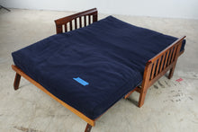 Load image into Gallery viewer, Wood Futon Sofa Bed with Navy Upholstery
