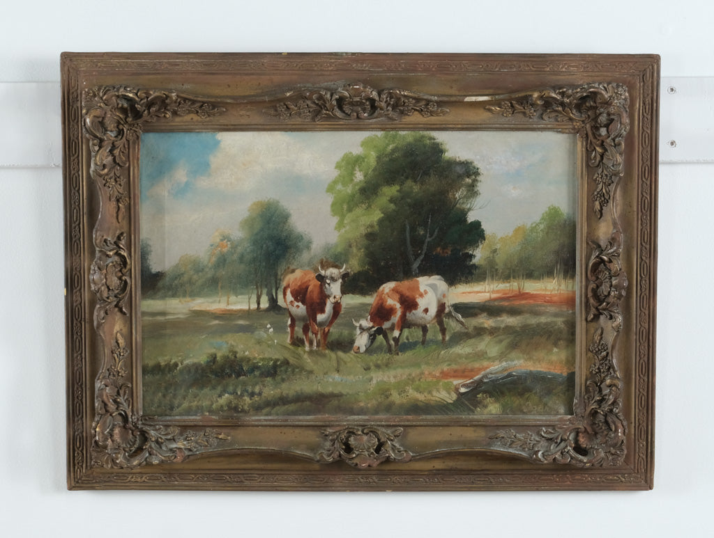 Vintage Original Oil on Canvas – Cows in Pasture – 24″ × 18″