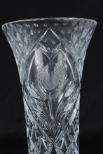 Load image into Gallery viewer, Cut Crystal Pedestal Trumpet Vase 10.25" Etched Tulip Medallion Floral Starburst Base
