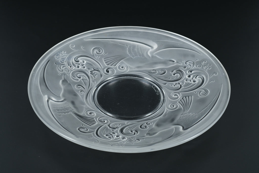 Val Saint Lambert Frosted Crystal Bowl with Birds and Waves – 12” Signed