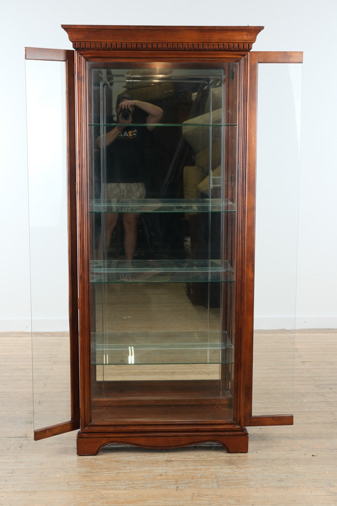 Illuminated Cherry Glass Curio Cabinet with Frosted Floral Detail