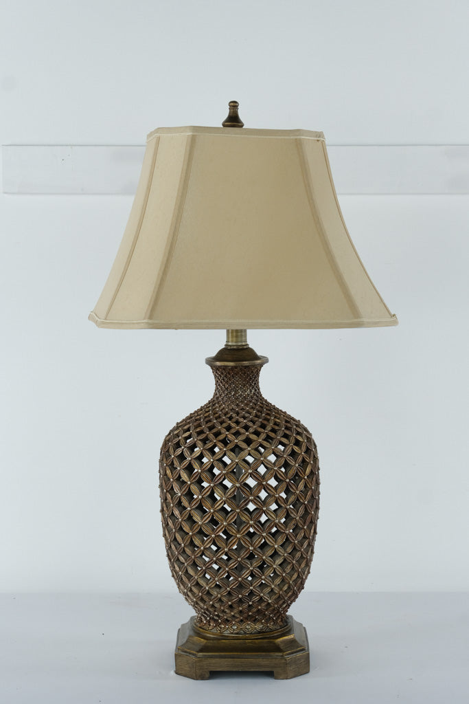Tall Lattice Carved Bronze Table Lamp with Beige Shade – 35