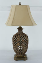 Load image into Gallery viewer, Tall Lattice Carved Bronze Table Lamp with Beige Shade – 35&quot;

