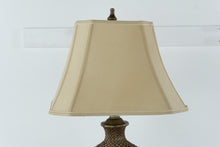 Load image into Gallery viewer, Tall Lattice Carved Bronze Table Lamp with Beige Shade – 35&quot;
