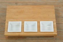 Load image into Gallery viewer, Bamboo Serving Board with Three Ceramic Dipping Bowls – Natural Entertaining Set

