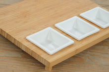 Load image into Gallery viewer, Bamboo Serving Board with Three Ceramic Dipping Bowls – Natural Entertaining Set

